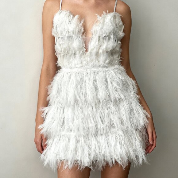 Dresses & Skirts - Daring Deep V Feather Trim Slip Dress | White Mini Party Gown